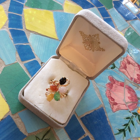 Retired Listing 14K Jade Multi Rainbow Stone Ring - Picture 1 of 8